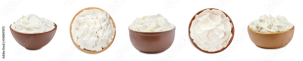 Set with tasty cream cheese on white background. Banner design Set with tasty cream cheese on white background. Banner design