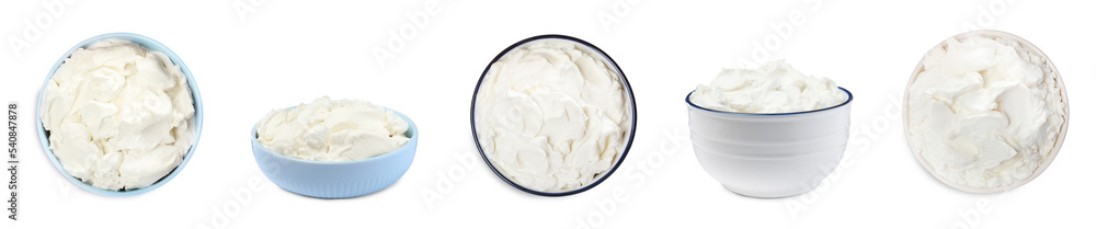 Set with tasty cream cheese on white background. Banner design Set with tasty cream cheese on white background. Banner design