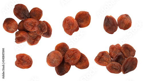 Set with tasty dried apricots on white background. Banner design