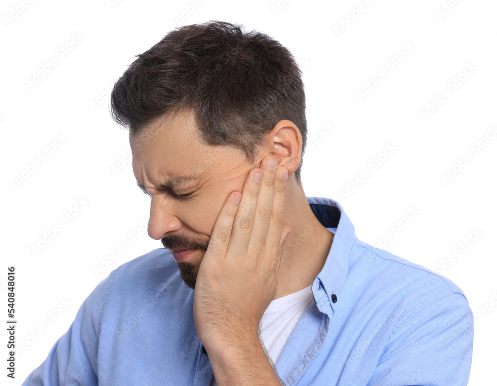 Man suffering from ear pain on white background Man suffering from ear pain on white background