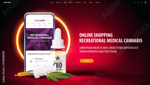 Online shopping of recreational medical cannabis, red banner for website with button, CBD oil bottle with pipette and yellow neon ring on background