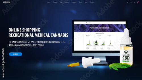 Recreational medical cannabis, blue banner for website with monitor, CBD oil bottle and interface elements