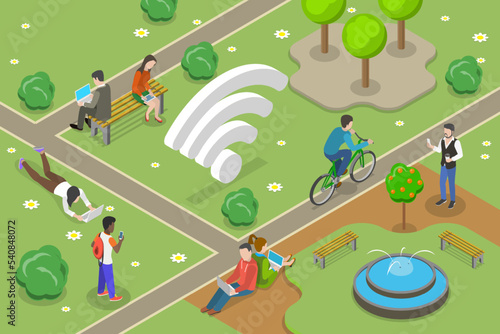 3D Isometric Flat Vector Conceptual Illustration of Free WiFi, Public Free Wi-Fi Hotspot Zone