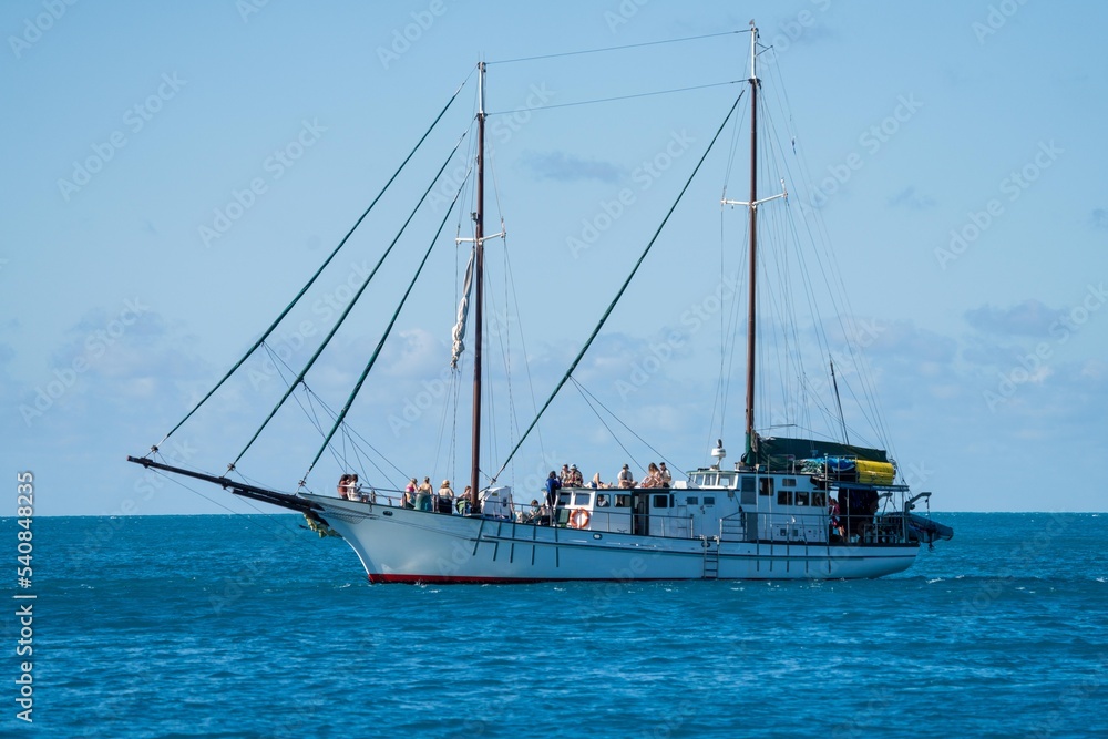 tourist boats and tour boats in the whitsundays queensland, australia. travellers on the great barrier reef, over coral and fish. tourism yachts of young people partying on the water