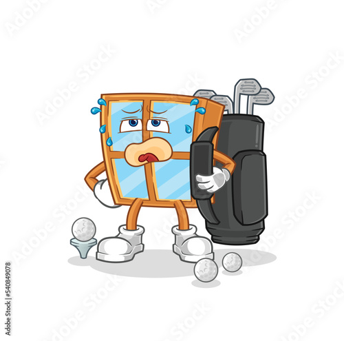 window with golf equipment. cartoon mascot vector