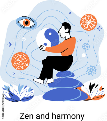 Zen and harmony metaphor, meditation practice. Balance, relaxation, mindfulness. Calm person relaxing. Yoga and spiritual practice, relax, recreation, healthy lifestyle. Japanese cult of mind and body