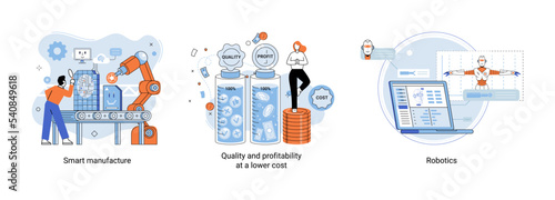 Smart manufacture metaphor with automated production line. Innovative contemporary smart industry product design, delivery and distribution with people, robots and machinery, conveyor assembly line