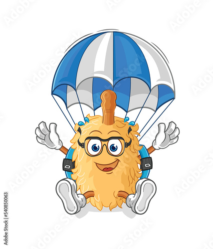 feather duster skydiving character. cartoon mascot vector