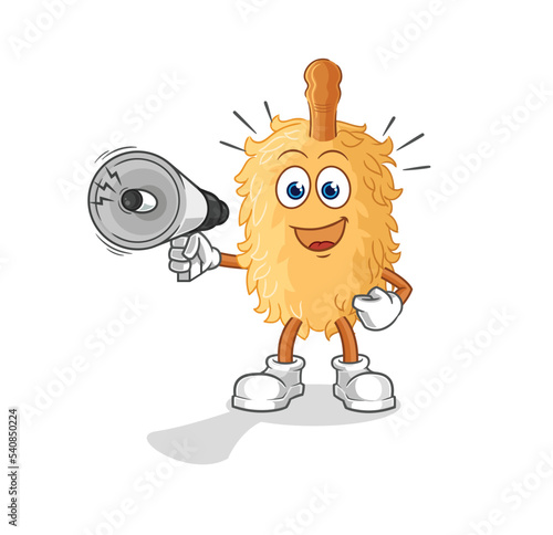 feather duster holding hand loudspeakers vector. cartoon character