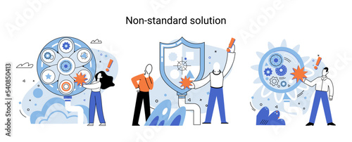 Non standart solution metaphor. Finding decisionss, problem solving. Teamwork, partnership. Working collaboration, corporate cooperation, creativity idea and innovation, colleagues mutual help concept