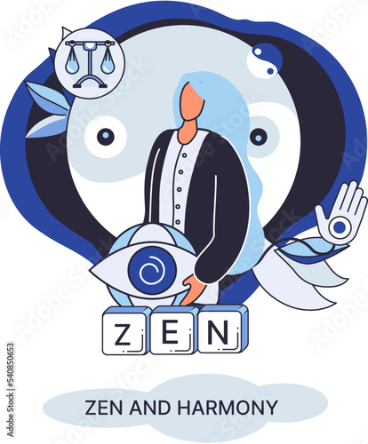 Zen and harmony metaphor, meditation practice. Balance, relaxation, mindfulness. Calm person relaxing. Yoga and spiritual practice, relax, recreation, healthy lifestyle. Japanese cult of mind and body