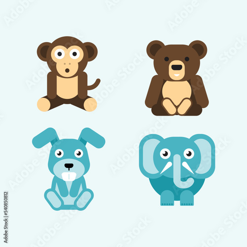 Cute wild animals including monkeys, bears, rabbits and elephants. Safari jungle animal vector. Woodland animal illustration.