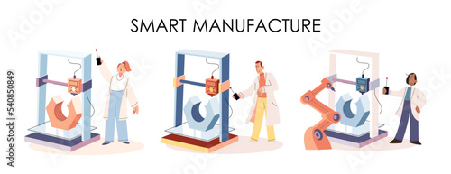 Manufacturing process industry. Scientist robot assembling products. Smart manufacture, automation development metaphor. Smart industry product design, automated production, robots and machinery 4.0 © Dmytro
