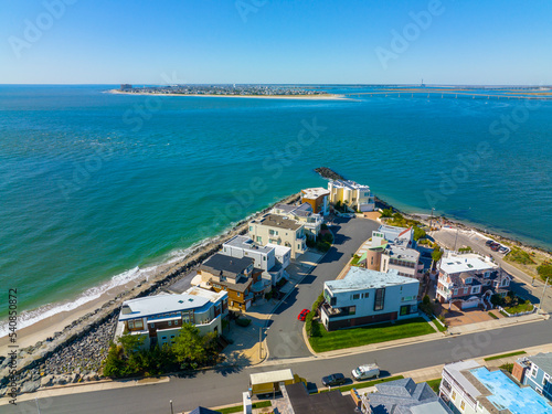Longport Point aerial view with Ocean City across Great Egg Harbor at the background, Longport, New Jersey NJ, USA. Longport is the southernmost town of Absecon Island. 