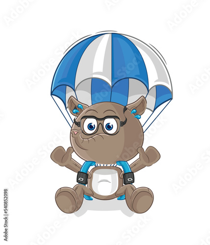 tapir skydiving character. cartoon mascot vector