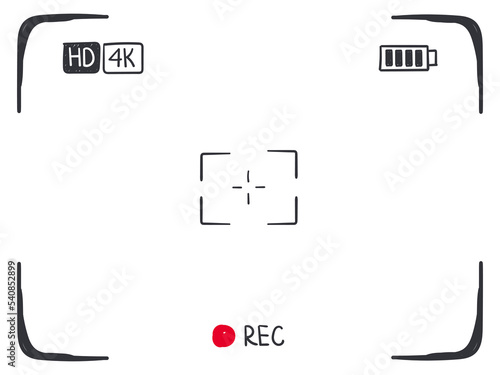 Camera viewfinder frame hand drawn style, video or photo focus screen. Sketch recording or snapshot template, digital display dslr cam, capture interface for photography or videography, flat vector