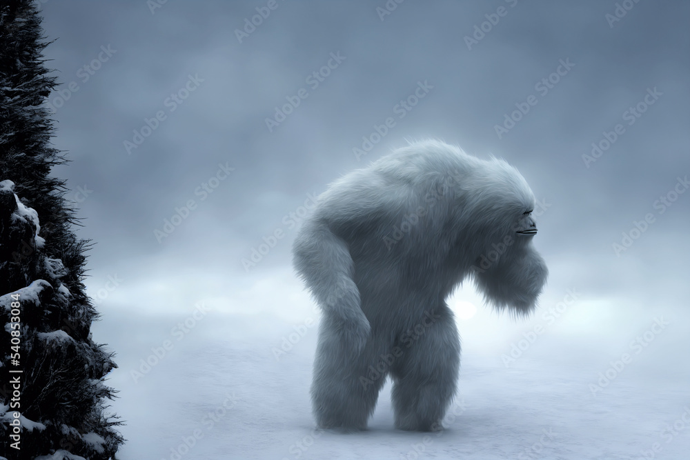 Yeti or Abominable Snowman - White Fur brother to Bigfoot Monster in a  Blizzard - 3D Illlustration Stock Illustration | Adobe Stock