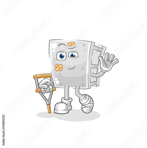 concrete brick sick with limping stick. cartoon mascot vector