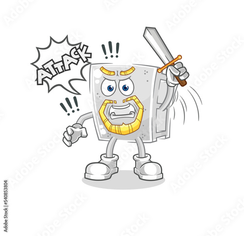 concrete brick knights attack with sword. cartoon mascot vector