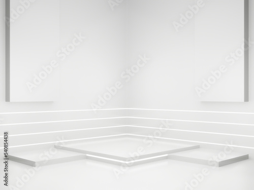 3D render White Sci-Fi product display background. Scientific podium with white neon lights.