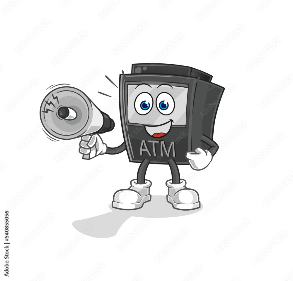 ATM machine holding hand loudspeakers vector. cartoon character ATM machine holding hand loudspeakers vector. cartoon character