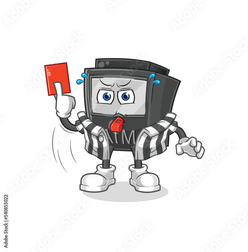 ATM machine referee with red card illustration. character vector