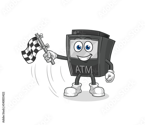 ATM machine hold finish flag. cartoon mascot vector