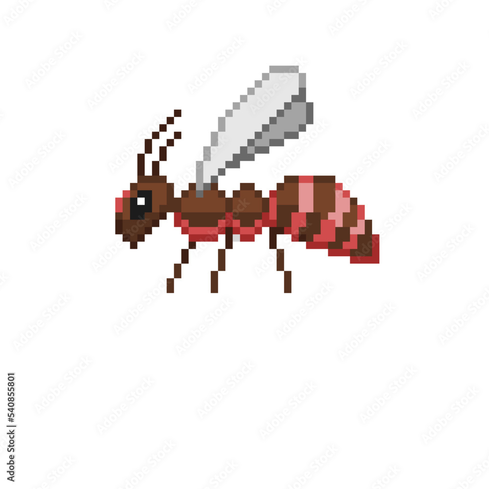 An 8-bit retro-styled pixel-art cartoon illustration of a red-striped bumble bee. An 8-bit retro-styled pixel-art cartoon illustration of a red-striped bumble bee.