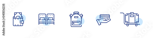 Set of hotel related icons. Cash, credit card payment, single beds, backpack and luggage. Pixel perfect, editable stroke