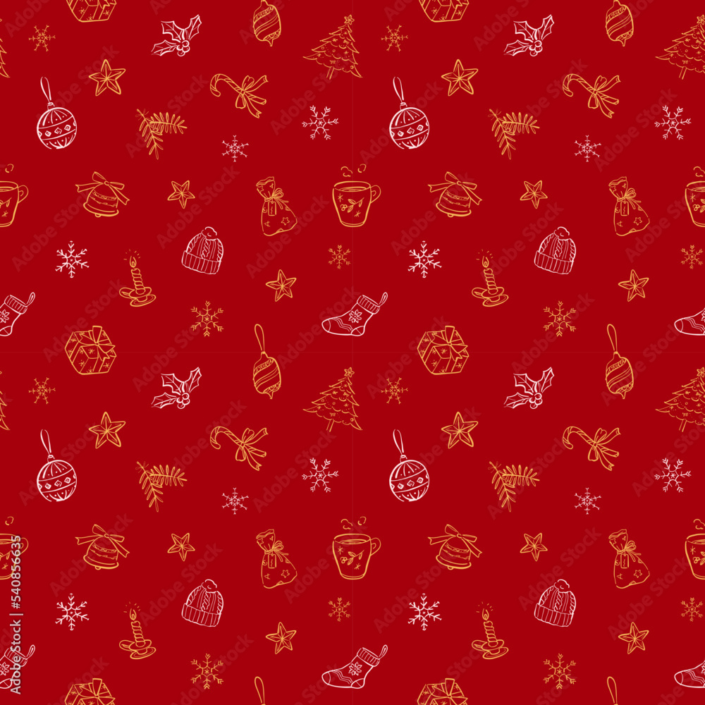 Naklejka premium ナチュラルなクリスマスアイコンの線画 背景素材 レッド