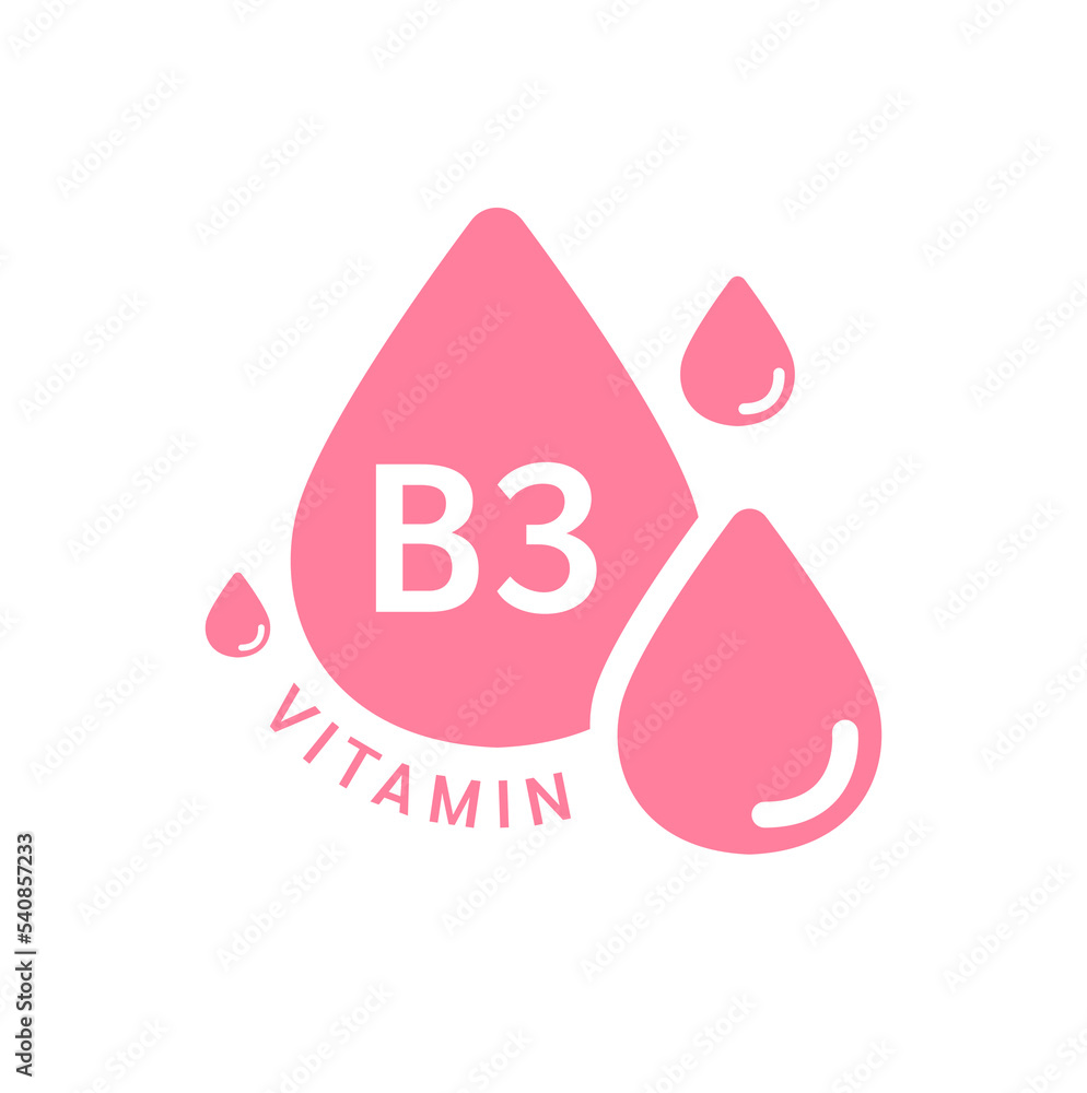 Vitamin B3 icon pink in form simple line water drop. Isolated on white background. Design for use on web app mobile and print media. Medical symbol concept. Vector EPS10 illustration. Vitamin B3 icon pink in form simple line water drop. Isolated on white background. Design for use on web app mobile and print media. Medical symbol concept. Vector EPS10 illustration.