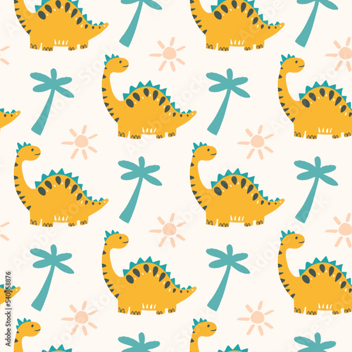 Vector childish seamless repeating pattern with hand drawn yellow dinosaur