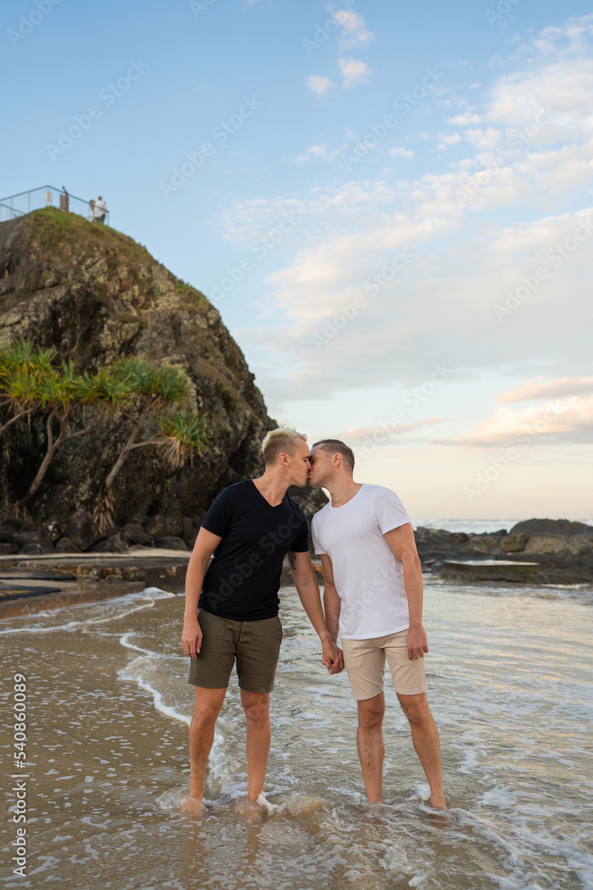 gay couple holding hands and kissing on beach with tree and rock with waves crashing on feet gay couple holding hands and kissing on beach with tree and rock with waves crashing on feet
