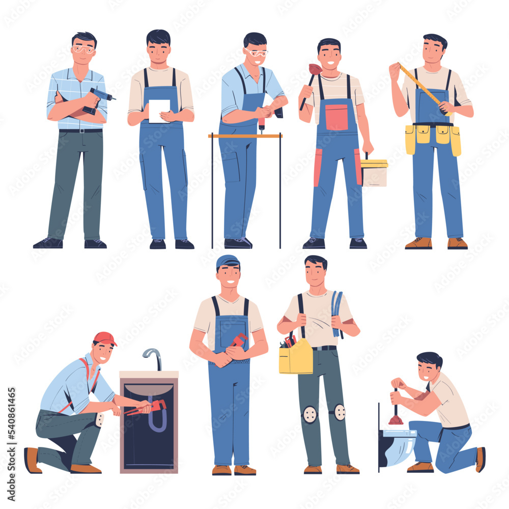 Plumber and Repairman in Blue Uniform with Tool and Instrument Working and Fixing Vector Set Plumber and Repairman in Blue Uniform with Tool and Instrument Working and Fixing Vector Set