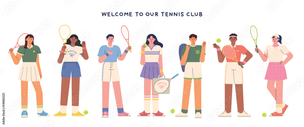 A collection of models wearing stylish tennis jerseys. flat vector illustration.