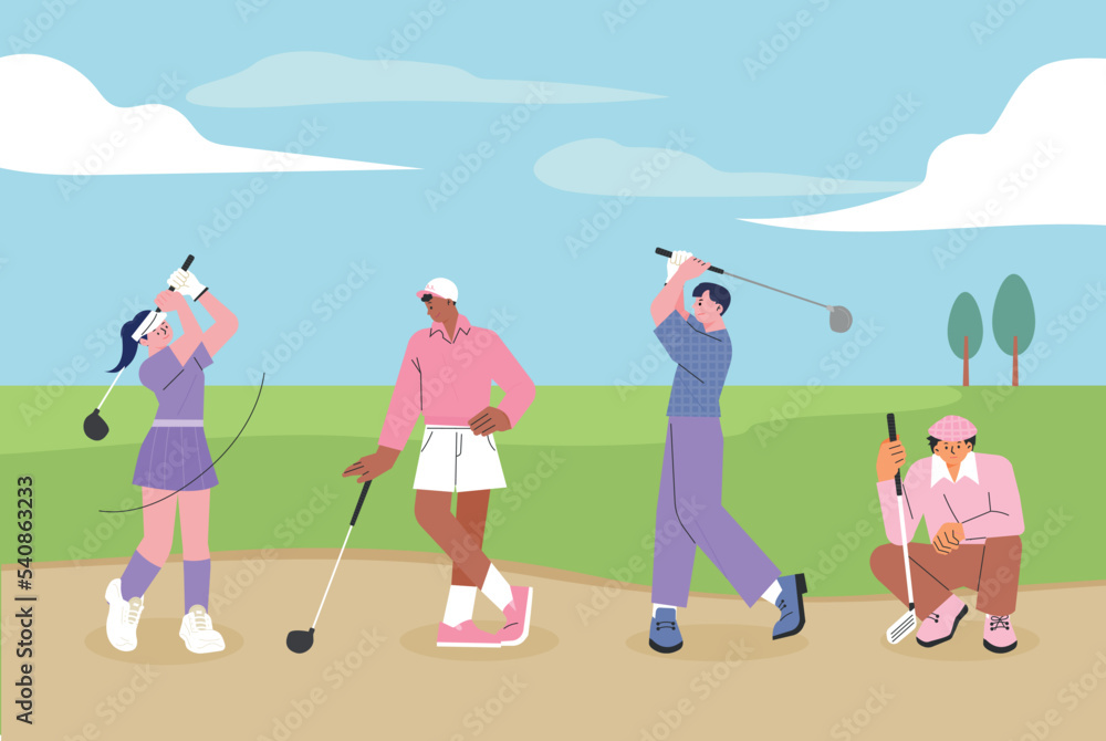 Fototapeta premium People wearing golf jerseys and holding clubs are posing for a swing. flat vector illustration.