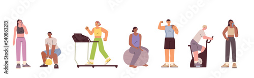 Collection of people working out with different exercise equipment in the gym. flat vector illustration.