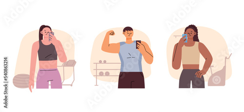People are exercising and taking selfies in the fitness center. flat vector illustration.