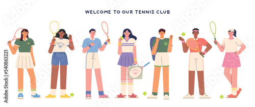 A collection of models wearing stylish tennis jerseys. flat vector illustration.