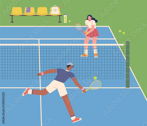 Two players are playing tennis on the tennis court. simple graphic design style flat vector illustration.