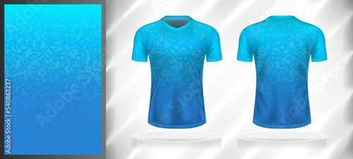 Vector sport pattern design template for V-neck T-shirt front and back with short sleeve view mockup. Shades of blue color gradient abstract line texture background.