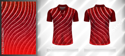 Vector sport pattern design template for Polo T-shirt front and back view mockup. Dark and light shades of red color gradient abstract grunge curve line texture background illustration.