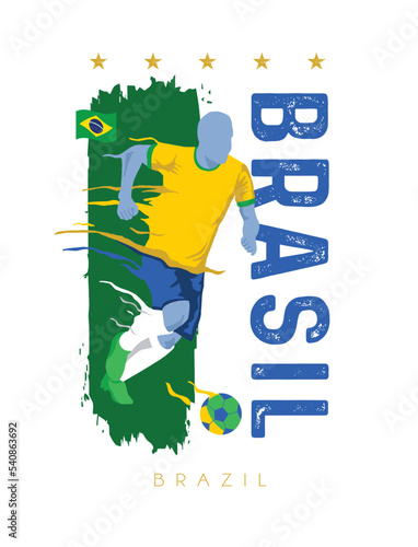 VECTORS. Editable poster for the Brazil football team, soccer player, uniform, flag