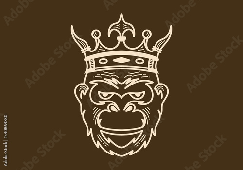Vintage art illustration of a apes head wearing crown