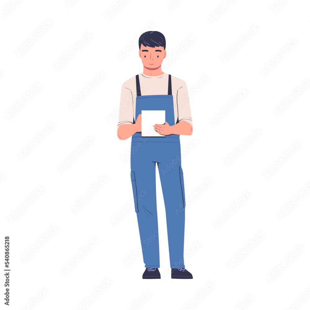 Repairman in Blue Overalls Standing and Writing Something Vector Illustration
