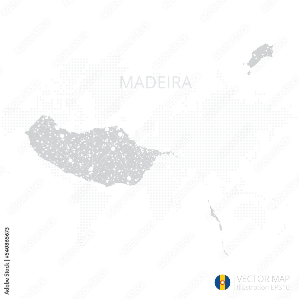 Obraz premium Madeira grey map isolated on white background with abstract mesh line and point scales. Vector illustration eps 10