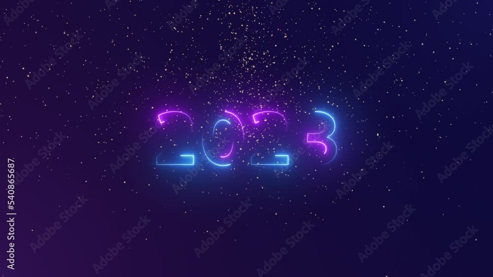 number 2023 neon light bright glowing. 2022 happy New Year dark background with decoration with neon number on Purple and blue Beautiful Gold Glitter Floating background. winter holiday template. number 2023 neon light bright glowing. 2022 happy New Year dark background with decoration with neon number on Purple and blue Beautiful Gold Glitter Floating background. winter holiday template.