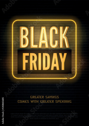 Biggest black friday discounts vector flyer template. Mega wholesale golden neon advert with text space. Special price offer on stylized brick wall background. Seasonal sale promo banner design