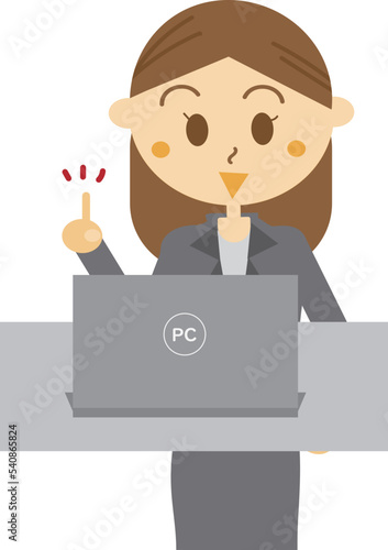 ノートパソコンの前で後輩に説明する職場の先輩女性会社員のイラスト・指さしポーズ・ビジネス・スーツ