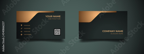 Elegant business card with gold dark green color background with QR code. Vector illustration modern card design.